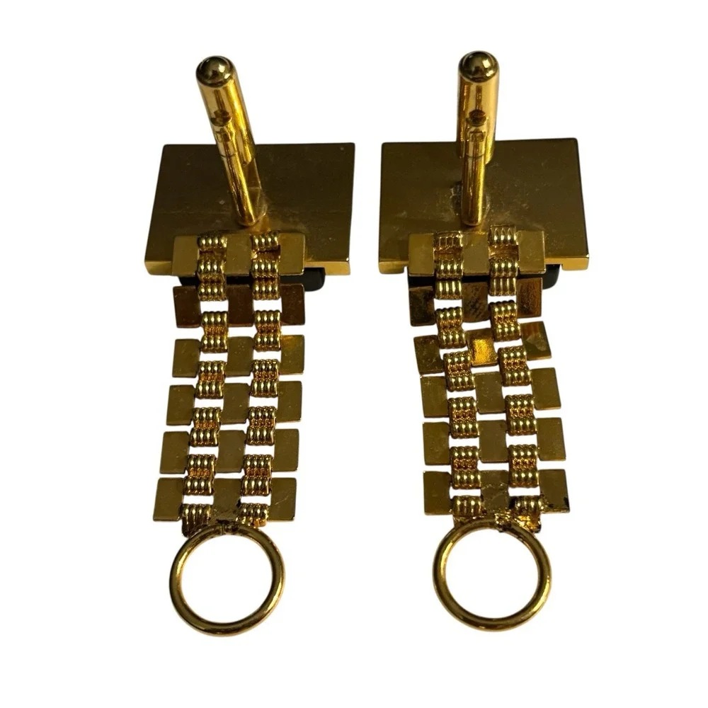 Vintage Cufflinks Black Lucite Wrap Around Gold‎ Tone Watch Band Style Chain